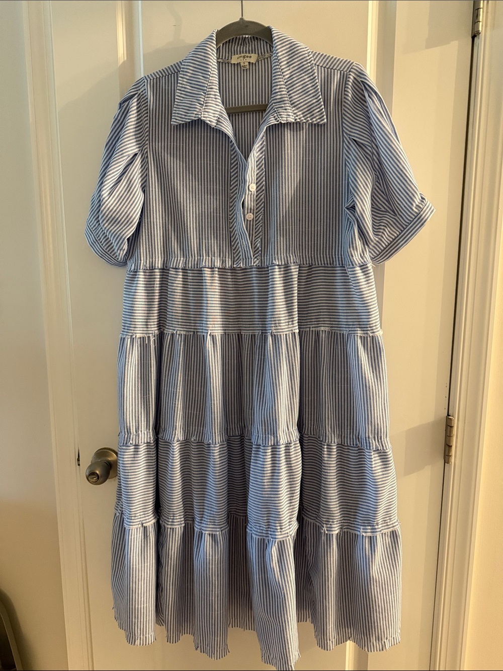 Umgee Blue and White Striped Midi Tiered Shirt Dress